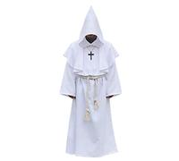 WQHPLMD Masquerade Halloween Cosplay Cloak Men's Monk Druid Cosplay Costume Medieval Hooded Monk Renaissance Friar Priest Robe,White,**L