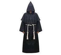 WQHPLMD Masquerade Halloween Cosplay Cloak Men's Monk Druid Cosplay Costume Medieval Hooded Monk Renaissance Friar Priest Robe,Black,*L