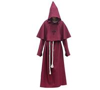WQHPLMD Masquerade Halloween Cosplay Cloak Men's Monk Druid Cosplay Costume Medieval Hooded Monk Renaissance Friar Priest Robe,Red,**L