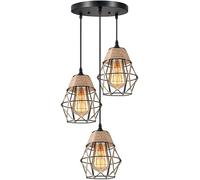 WQHPLMD Rustic Industrial Woven Pendant Light 3 Light Cluster Vintage Hemp Rope Hanging Light Ceiling Black Basket Metal Cage Farmhouse Chandelier for Kitchen Island Dining Room Restaurant Bar