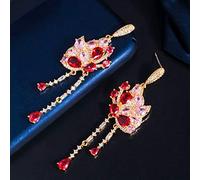 WQHPLMD Shiny Red Pink Cubic Zirconia Stone Butterfly Shape Dangle Long Tassel Drop Party Earrings For Women