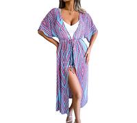 WQHPLMD Summer Women's Swimwear Cover Up Beach Top Dress Ladies Belt Print Long Cape Beachwear (Color : Purple, Size : S code)