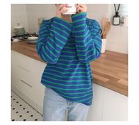 WQHPLMD T Shirt Loose Cotton Striped Tshirt Women Autumn Long Sleeves O-neck Korean All-match Basic Woman