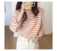 WQHPLMD T Shirt Loose Cotton Striped Tshirt Women Autumn Long Sleeves O-neck Korean All-match Basic Woman