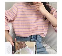 WQHPLMD T Shirt Loose Cotton Striped Tshirt Women Autumn Long Sleeves O-neck Korean All-match Basic Woman
