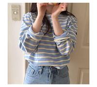 WQHPLMD T Shirt Loose Cotton Striped Tshirt Women Autumn Long Sleeves O-neck Korean All-match Basic Woman