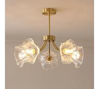 WQHPLMD Vintage Brass Flower Ceiling Light Fixtures 3-Light Large Glass Leaf Sputnik Chandelier Gold Antique Nordic Close To Ceiling Lamp For Bedroom Kitchen Dining Room Living Room Laundr