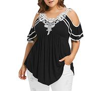 WQHPLMD Women Blouse Fashion Womens Plus Size Tiered Lace Appliques Cold Shoulder V-Neck Shirt Tops