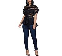 WQHPLMD Women's Flared Tops Perspective Striped Tops Fashion Short Sleeve Blouse with Waist Belt