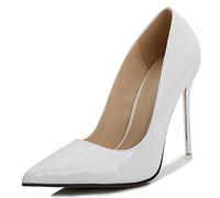 WQHPLMD Women's Pumps Pointy Slip On Stiletto Shoes Shallow Mouth Closed Toe High Heel Metal Heels Suitable for Casual Banquet Etiquette Bridesmaid Weddings White
