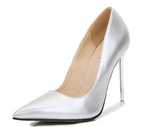 WQHPLMD Women's Pumps Pointy Slip On Stiletto Shoes Shallow Mouth Closed Toe High Heel Metal Heels Suitable for Casual Banquet Etiquette Bridesmaid Weddings Silver