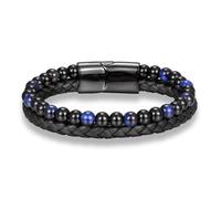 Wqishinuanyang Men's Genuine Leather Braided Bracelet Black Stainless Steel Magnetic Clasp Blue Tiger eye Bead Bangles Natural Stone