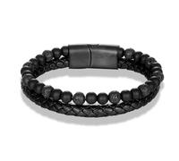 Wqishinuanyang Men's Genuine Leather Braided Bracelet Black Stainless Steel Magnetic Clasp Blue Tiger eye Bead Bangles Natural Stone