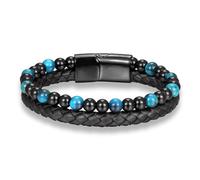 Wqishinuanyang Men's Genuine Leather Braided Bracelet Black Stainless Steel Magnetic Clasp Blue Tiger eye Bead Bangles Natural Stone