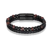 Wqishinuanyang Men's Genuine Leather Braided Bracelet Black Stainless Steel Magnetic Clasp Blue Tiger eye Bead Bangles Natural Stone