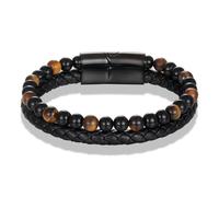 Wqishinuanyang Men's Genuine Leather Braided Bracelet Black Stainless Steel Magnetic Clasp Blue Tiger eye Bead Bangles Natural Stone