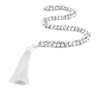 Wqishinuanyang White Tassel Long Necklace 6mm 108 Beaded Black Line Natural Stone Handmade Mala knotted Necklaces for Women Men