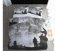 WQIZXCW Japanese Bedding Double Duvet Cover Set 3Pcs, Samurai Asian Style - Brushed Microfibre Patterned Quilt Cover with Zip and 2 Pillowcases, Ultra Soft & Easy Care
