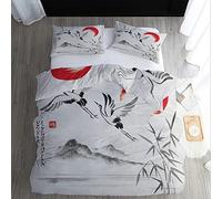 WQIZXCW Japanese Bedding Single Duvet Cover Set 2Pcs, Crane Bamboo Mountain Asian Style - Brushed Microfibre Patterned Quilt Cover with Zip and 1 Pillowcase, Ultra Soft & Easy Care