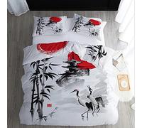WQIZXCW Japanese Duvet Cover Double Bedding Set 3Pcs, Crane Bamboo Asian Style - Brushed Microfibre Patterned Quilt Cover with Zip and 2 Pillowcases, Ultra Soft & Easy Care