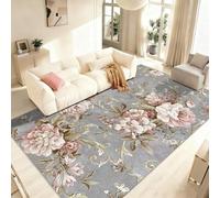 WQMMD Grey Rug Living Room Large 160x230cm Washable Rug Short Pile Vintage Floral Pattern Pink Flower Design Non Slip Carpet for Living Room Bedroom Kitchen Farmhouse Home Decor