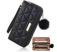 WQorphix Black Purses for Women, Triangular Diamond - Large Purses for Women, Ladies Purse PU Leather, Wallet with Wrist Strap with Fur Ball for Shopping Dating Travel, Black, Multi-Layered