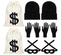 WQSOAFU 8 Pcs Robber Costume Set,the Grabber Costume with Canvas Dollar Sign Money Bags Robber Burglar Mask Knit Beanie Cap for Halloween Cosplay Burglar Theme Party