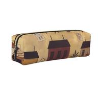 Wquvmds Beige Brown House and Fruit Print Leather Pencil Case with Zipper, Small Storage Bags, Cosmetic Bag, for Girls Boys Women Men Gold