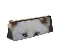 WQUVMDS Blue Eyed White Husky Print Leather Pencil Case Triangular Zipper Pen Bag Cosmetic Case Pouch Stationery Bag