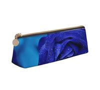 WQUVMDS Blue Rose Blooms Print Leather Pencil Case Triangular Zipper Pen Bag Cosmetic Case Pouch Stationery Bag