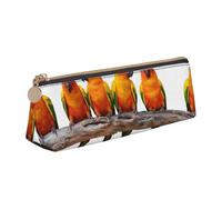 WQUVMDS Colorful Yellow Parrots On Branch Print Leather Pencil Case Triangular Zipper Pen Bag Cosmetic Case Pouch Stationery Bag