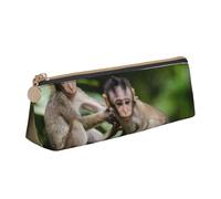 WQUVMDS Cute Little Monkeys Print Leather Pencil Case Triangular Zipper Pen Bag Cosmetic Case Pouch Stationery Bag