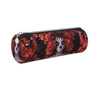 WQUVMDS Day of The Dead Sugar Roses Skull Print Leather Pencil Case Triangular Zipper Pen Bag Cosmetic Case Pouch Stationery Bag