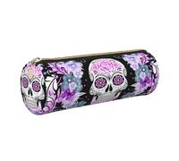 WQUVMDS Flower Sugar Horror Skull Print Leather Pencil Case Triangular Zipper Pen Bag Cosmetic Case Pouch Stationery Bag