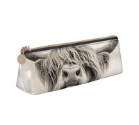 WQUVMDS Funny Highland Cow Print Leather Pencil Case Triangular Zipper Pen Bag Cosmetic Case Pouch Stationery Bag