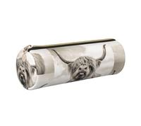WQUVMDS Funny Highland Cow Print Leather Pencil Case Triangular Zipper Pen Bag Cosmetic Case Pouch Stationery Bag