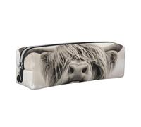 Wquvmds Funny Highland Cow Print Leather Pencil Case with Zipper, Small Storage Bags, Cosmetic Bag, for Girls Boys Women Men Silver