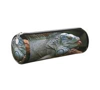 WQUVMDS Green Iguana Print Leather Pencil Case Triangular Zipper Pen Bag Cosmetic Case Pouch Stationery Bag