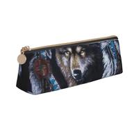 WQUVMDS Native American Wolf Print Leather Pencil Case Triangular Zipper Pen Bag Cosmetic Case Pouch Stationery Bag