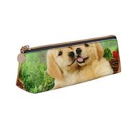 WQUVMDS Puppy Golden Retriever Print Leather Pencil Case Triangular Zipper Pen Bag Cosmetic Case Pouch Stationery Bag