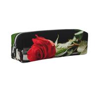 Wquvmds Red Rose On Piano Print Leather Pencil Case with Zipper, Small Storage Bags, Cosmetic Bag, for Girls Boys Women Men Silver