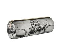 WQUVMDS Sail Boat Waves and Octopus Print Leather Pencil Case Triangular Zipper Pen Bag Cosmetic Case Pouch Stationery Bag