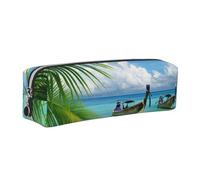 Wquvmds Seaside Boat Coconut Leaves Print Leather Pencil Case with Zipper, Small Storage Bags, Cosmetic Bag, for Girls Boys Women Men Silver