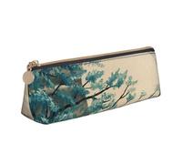 WQUVMDS Teal Tree in Moonlight Print Leather Pencil Case Triangular Zipper Pen Bag Cosmetic Case Pouch Stationery Bag
