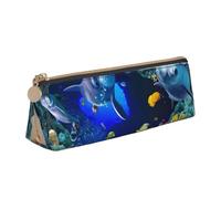 WQUVMDS Underwater World Blue Marine Life Print Leather Pencil Case Triangular Zipper Pen Bag Cosmetic Case Pouch Stationery Bag