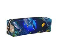 Wquvmds Underwater World Blue Marine Life Print Leather Pencil Case with Zipper, Small Storage Bags, Cosmetic Bag, for Girls Boys Women Men Silver