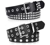WQYILEAER Black Studded Belt, 2 Pcs Y2K Belt Metal Punk Rock Double Grommet Belts with Bright Pyramid Studded for Women Men, Black, Standard Size