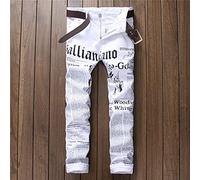 WQZYY&ASDCD Jeans Pants Denim Men Jeans Denim White Newspaper Print Ripped Casual Men Slim Straight Fashion Man Large Size Trousers 34 White