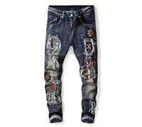 WQZYY&ASDCD Jeans Pants Denim Men'S Patchwork Ripped Embroidered Stretch Jeans Trendy Holes Straight Denim Trouers 30Inch No Belt1665