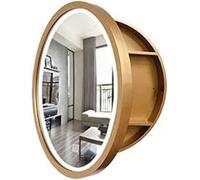 WQZzjm LED Illuminated Bathroom Mirror Vanity Cabinet Round Wooden Wall Mounted Storage Unit with Smart Touch Switch, Fully Assembled, Brown, 70cm (Gold 50cm)
